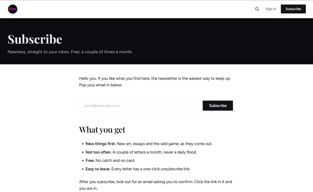 The Subscribe page on bettyadamou.com