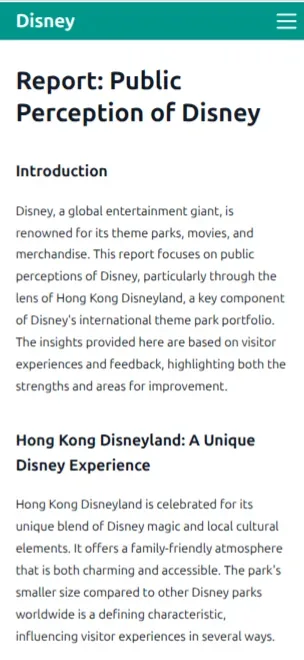 A generated report on public perception of a theme park