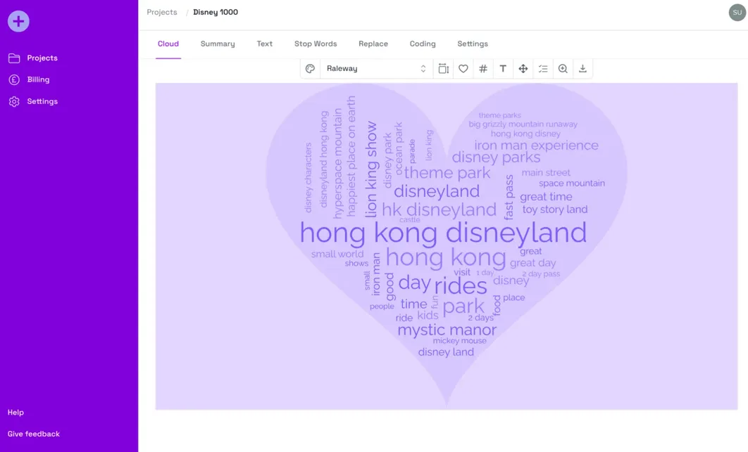 A heart-shaped word cloud about Hong Kong Disneyland