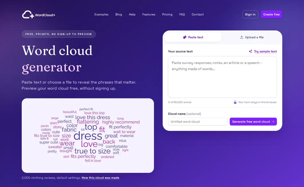 The Word Cloud Plus home page: paste text and generate a free word cloud without signing up
